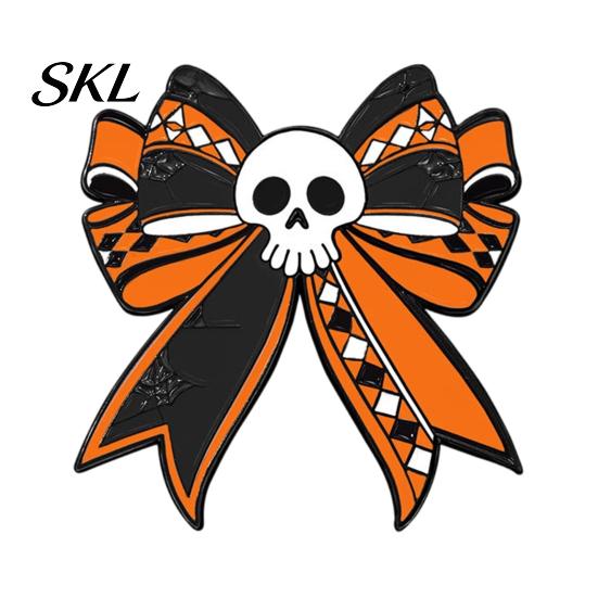 Thickened Metal Brooch Pin, Enamel Skull Bow Design Brooch, Halloween Style Snap-On Bright Color Pin Badge for Backpacks Collars Hats Holiday