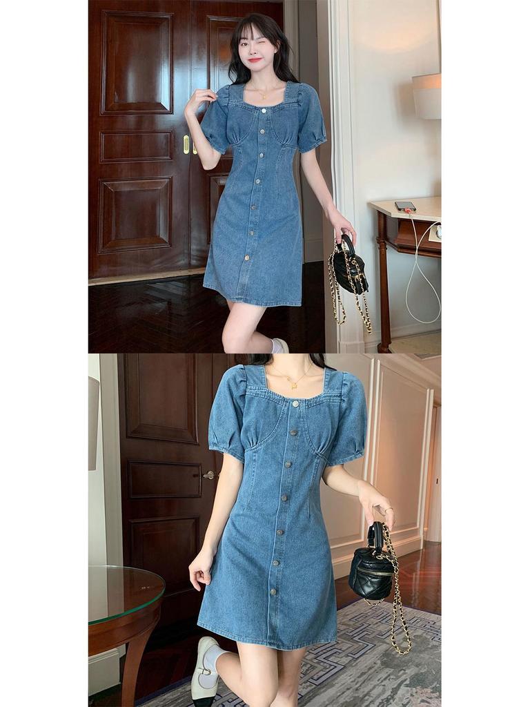 2025 Summer Women's Slim-Fit Denim Dress: Age-Reducing, Waist-Cinching, Short Sleeve, Mid-Length Style