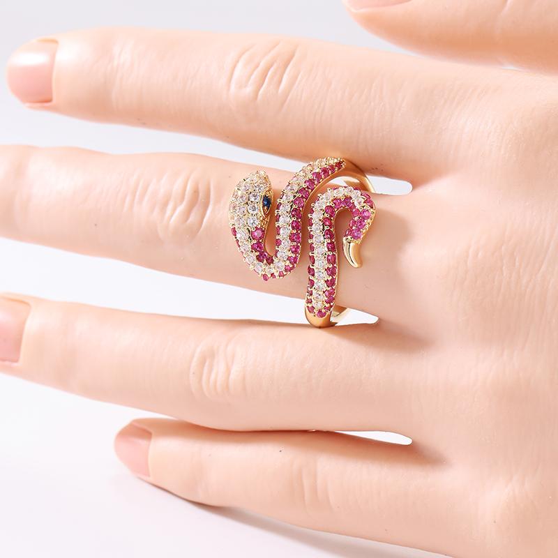 Dazzling Inlaid White Red CZ Snake Women's Ring Retro Gold Color Geometry Daily Wear Party Jewelry Anniversary Gift