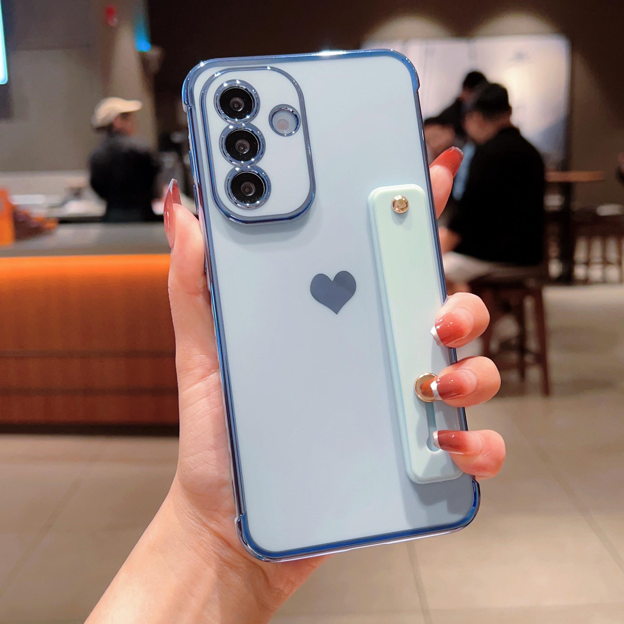 

For Samsung Galaxy S25/S24 Case with Strip Kickstand Electroplating Edge Love Heart Soft TPU Phone Cover Blue