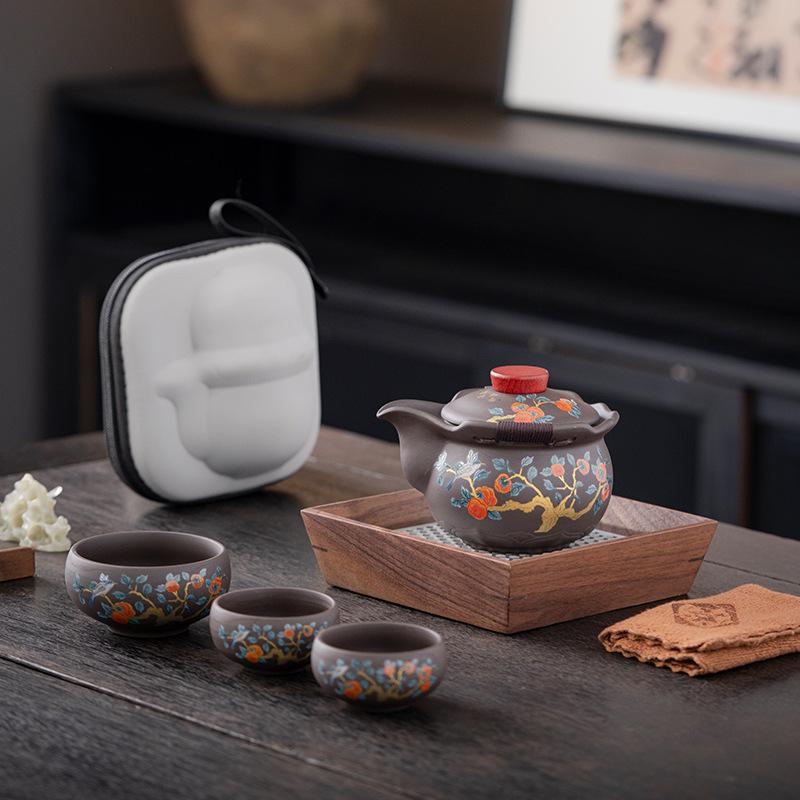 Purple sand travel tea set, small set, one pot, three cups, portable hand-held pot, business event meeting gifts