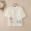 ZANZEA Women Casual Round Neck Loose Short Sleeve Floral Blouse
