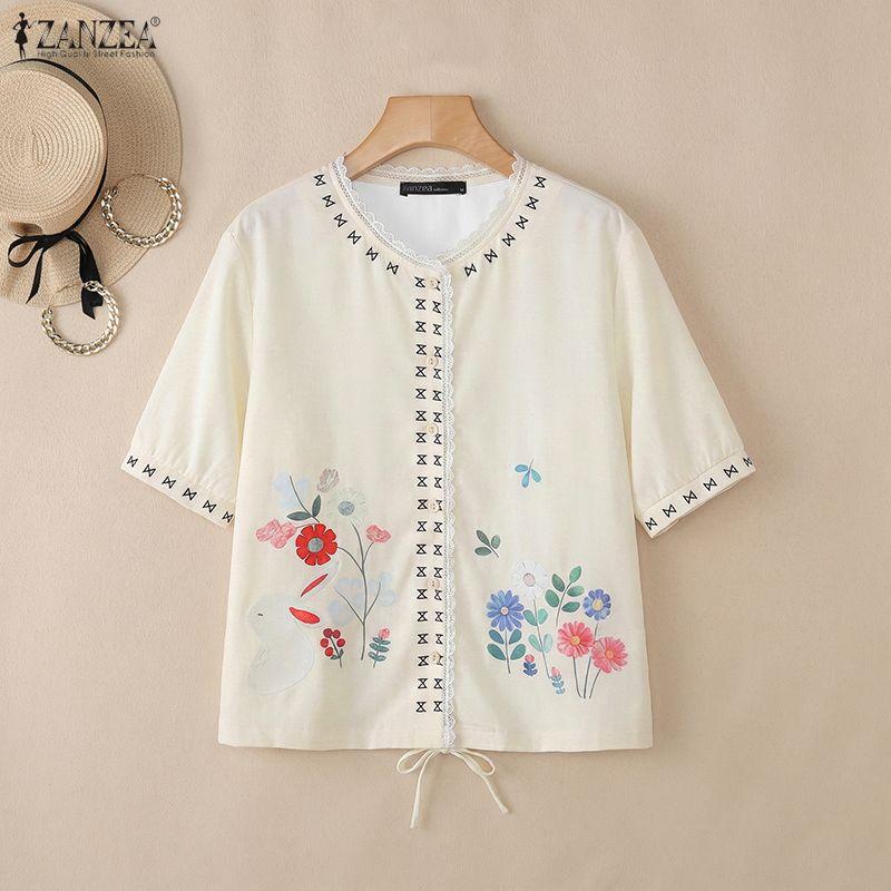 ZANZEA Women Casual Round Neck Loose Short Sleeve Floral Blouse