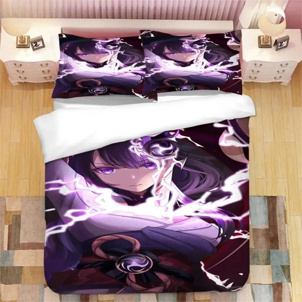 Genshin Impact Raiden Shogun Beding Set Bedrom Soft Modern Bedspreads Comefortable Children Kids Soft Duvet Cover Comfortable Quilt Cover And