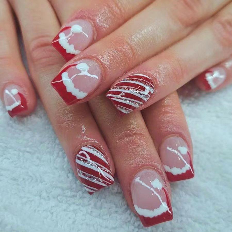 24Pcs Christmas French Press On Nails Snowflake Glitter Pink Short Full Cover False Nail Tips