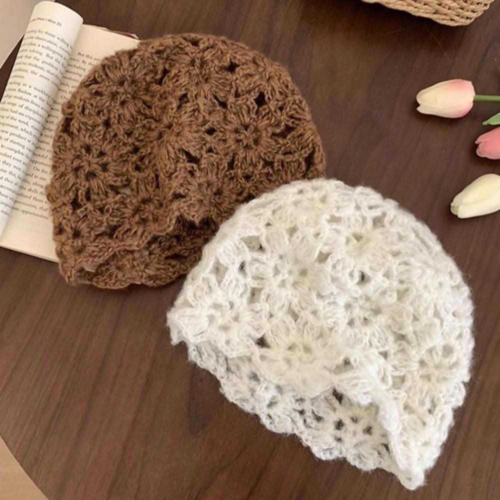 Hollow Knitted Pullover Hat Solid Color Beanies Cap Sweet Crochet Flower Hat  Girls