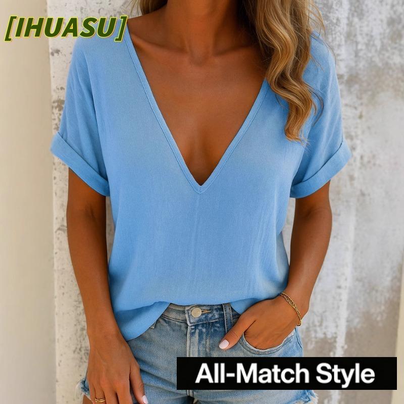 IHUASU Women's Fashion Casual Solid Color Print Short Sleeve V Neck Blouses & Shirts