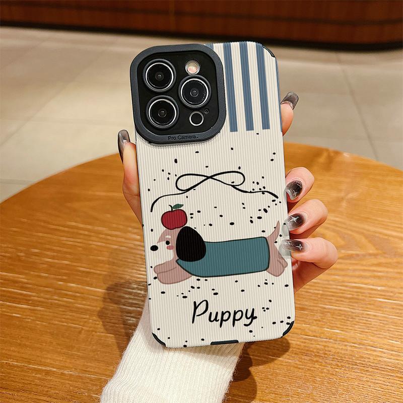 

Чехол из натуральной кожи с вертикальным зернистым узором и милым принтом собачки, противоударный, мягкий силиконовый чехол с полной защитой объектива камеры для iPhone iPhone 15 чёрный