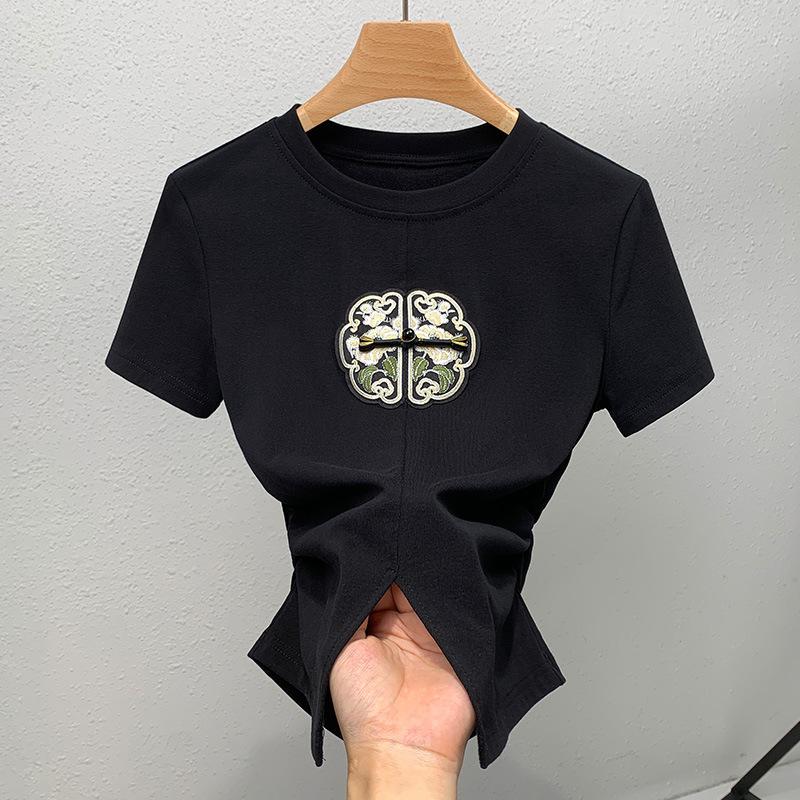 Short-sleeved T-shirt for Women's New Summer Women's Clothing Solid Color Garden Collar T-shirt New Chinese Embroidered Slit Waist Top