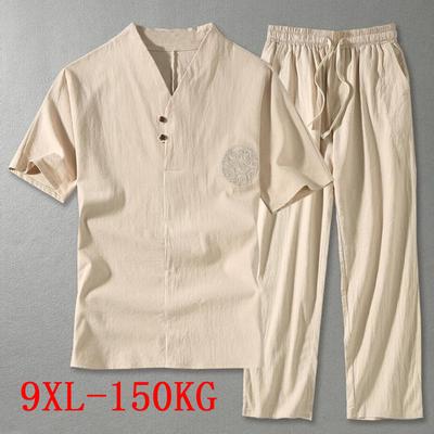 Abbigliamento Uomo Taglia Grande Casa Marito Estate Completo Maglietta in Lino Moda Set Maschile Stile Cinese 8XL 9XL più Due Pezzi