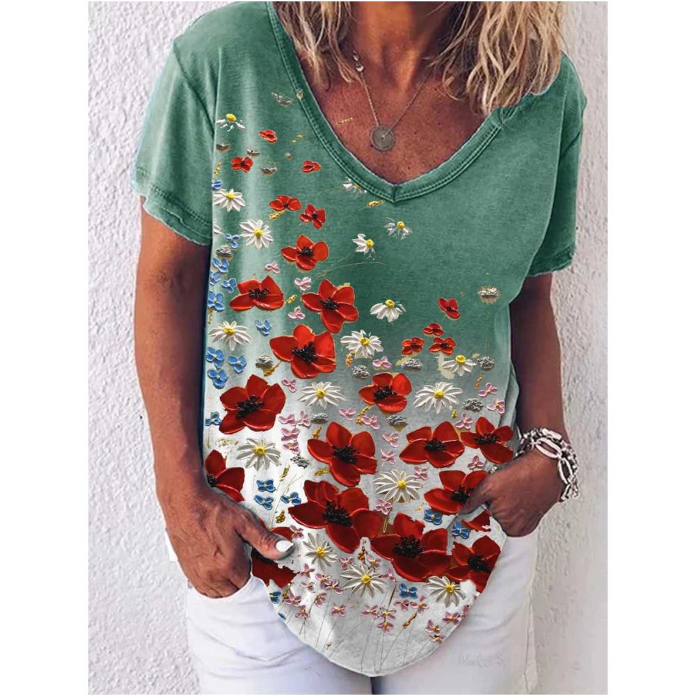 

Женская футболка с цветочным принтом подсолнуха, ретро блузка Y2k, уличная одежда, элегантная футболка с V-образным вырезом, женская одежда XXXL