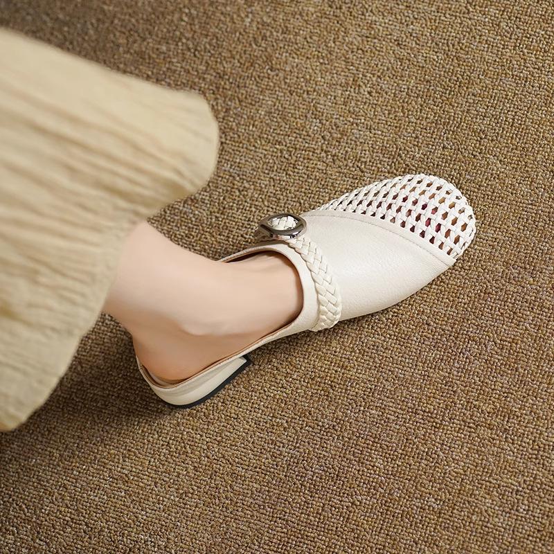 3Cm Thick Heel Leather Hollow Roman Bag Head Half Slippers Women's Outer Wear 2025 New Woven Mary Jane Mill Shoes