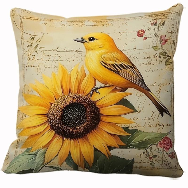 Vintage Sunflower Bird Pattern Pillow Cover Decorative Cushion Cover Home Decor Sofa Living Room Bedroom Farmhouse Nature Rustic