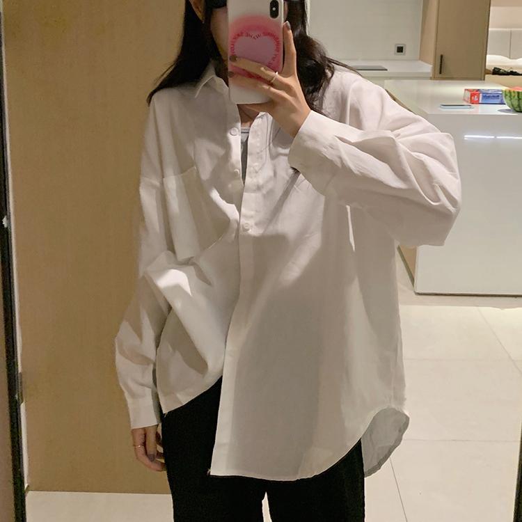White Long Sleeves Women Solid Loose Student Lady Shirts Blouse Black Lapel Oversized Shirt Tops