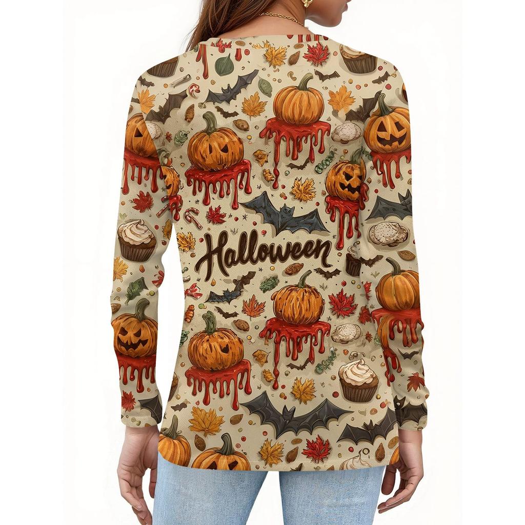 Dámské tričko s potiskem Halloweenu, knoflíky, dlouhý rukáv, denní, víkendová móda, základní, výstřih do V, běžný top