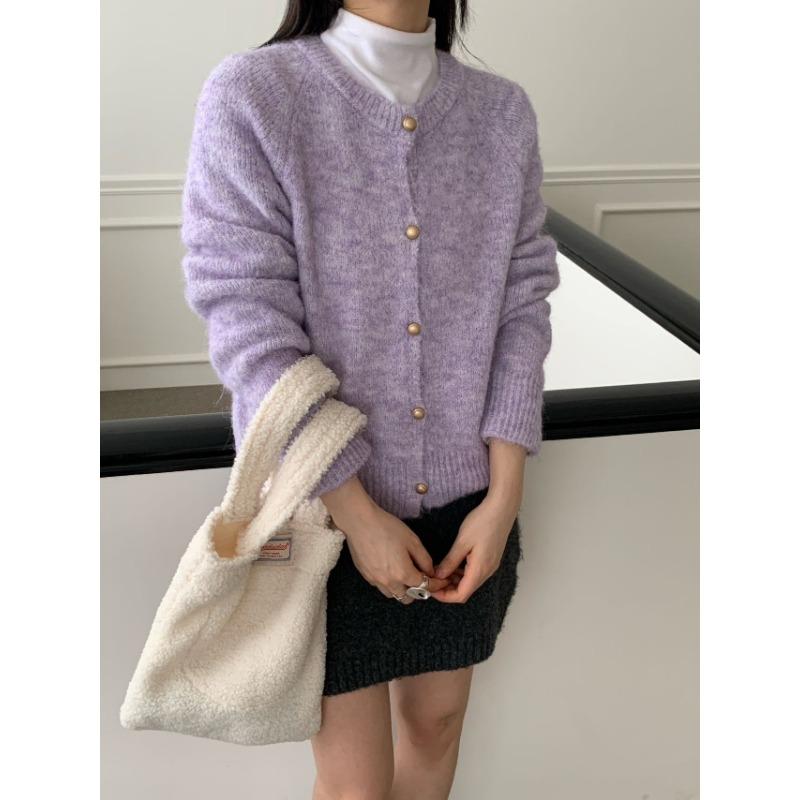 Gentle wind solid color crew neck sweater jacket women's autumn and winter loose soft waxy milk FUFU knitted cardigan