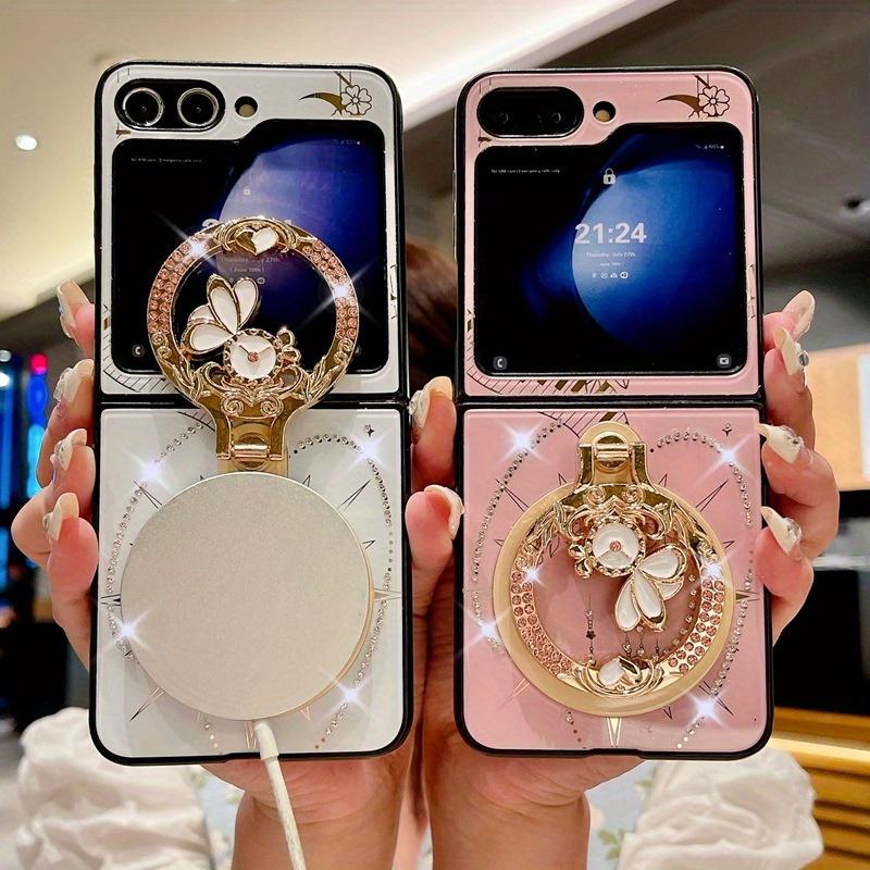 Magnetic Kickstand Cute Bling Glitter Marble Floral Elegant Phone Case for Samsung Galaxy Z Flip 7 6 5 4 Flip6 Flip5 Flip4 Cover