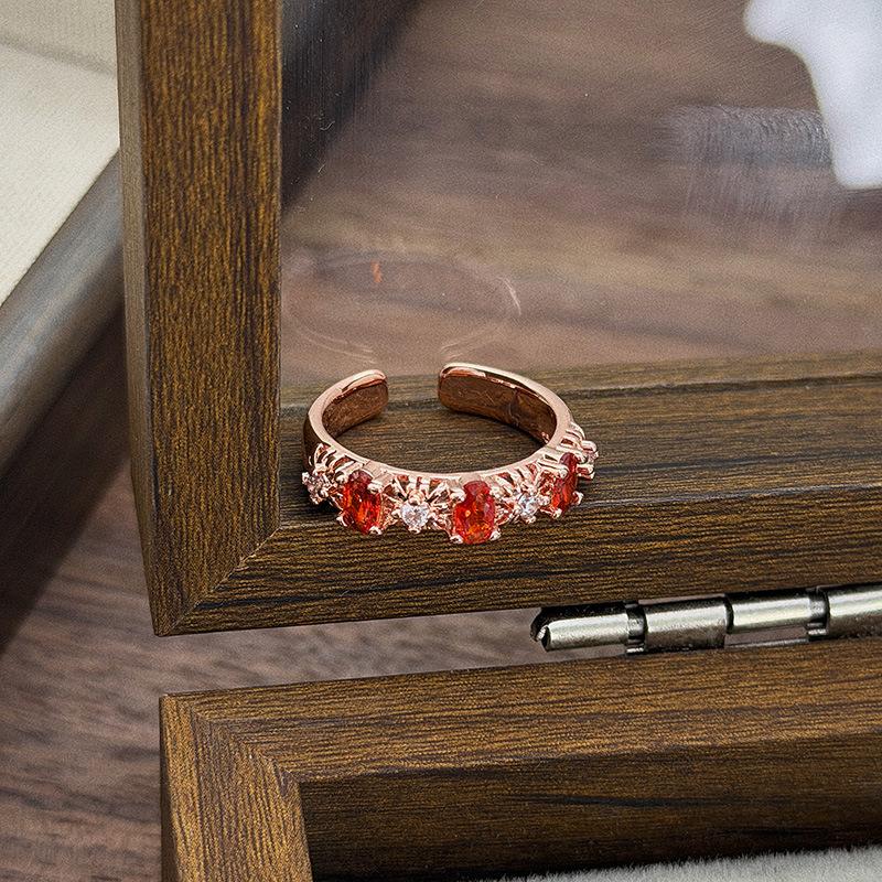 Rose Gold Sweet Cool Girl Wind Crown Red Zircon Love Wings Enamel Open Ring With Diamonds Niche Design Women