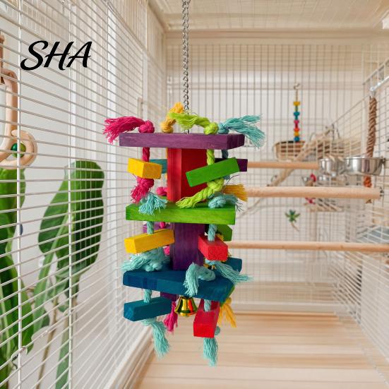 Parrot Chew Toy Chewing for Macaws African Greys, Colorful Wooden Block Puzzle with Food-grade Bird Cotton Tassels, Hanging Interactive Activity Cage,