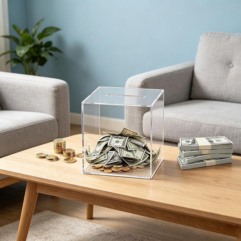 Square Clear Acrylic Piggy Bank with In-Only Slot, High Transparency