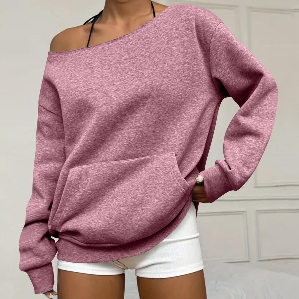 Women's Casual Fashion Solid Color Off-shoulder Long-sleeved Loose Sweatshirt With Pockets