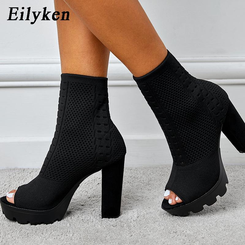 Fashion Eilyken Size 35-42 Breathable Round Hole Knitting Stretch Fabric Ankle Boots Sandals Fashion Peep Toe Thick Bottom Ladies Shoes