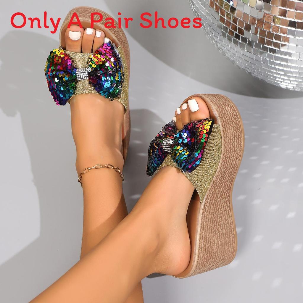 Summer Womens Flip Flops With Glitter Butterfly Bow Pu Rubber Sole Casual Flat Sandals For Large Sizes