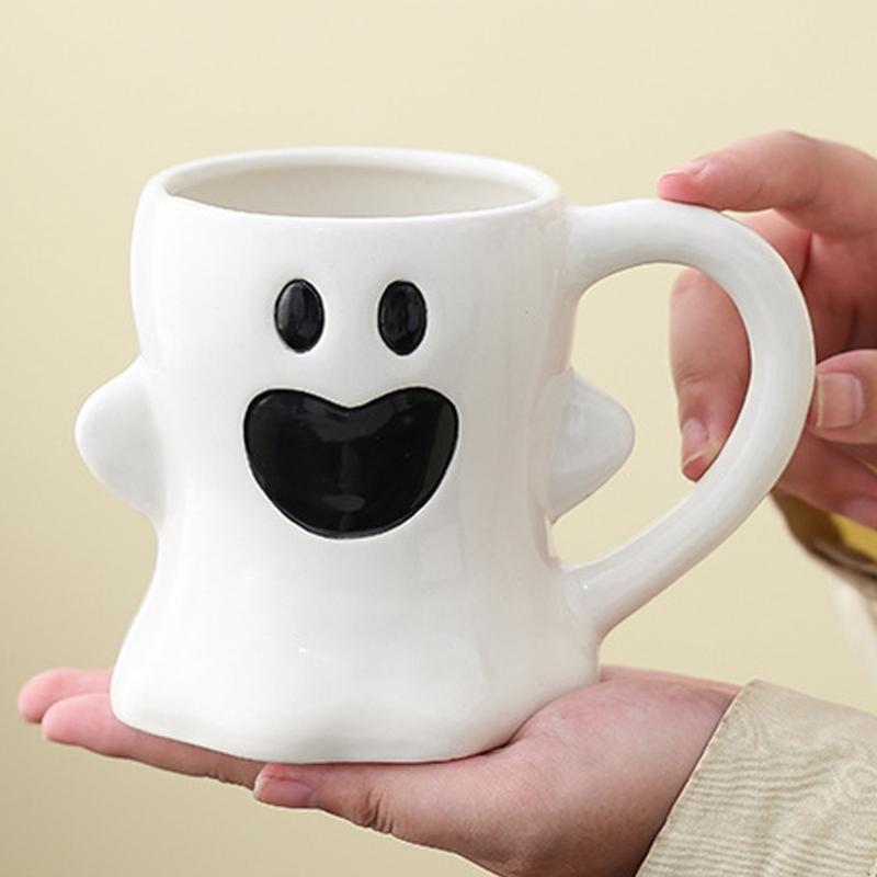Roztomilé hrnčeky z bieleho porcelánu s tematikou ghúlov, odolná keramika, ideálne na halloweenske dekorácie alebo do kancelárie