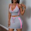 Summer European and American style sexy babes splicing sleeveless skirt set women's solid color short skirt casual two-piece set