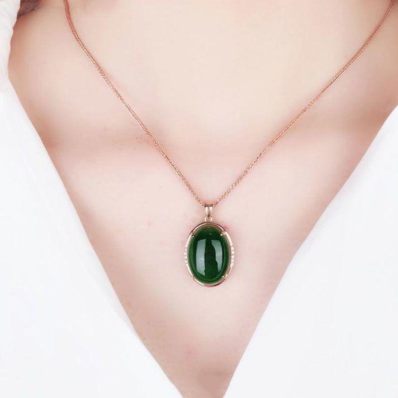 Exquisite Russian Purple Gold Inlaid Oval Egg Surface Greenstone Pendant Luxury High-End Rose Gold Plated Colored Gold Necklace