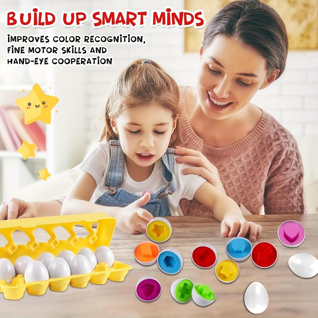 12-Piece Educational Egg Matching Game - Teen Color and Shape Sorting Puzzles, Random Colored Early Learning Toys, Durable Plastic Knot