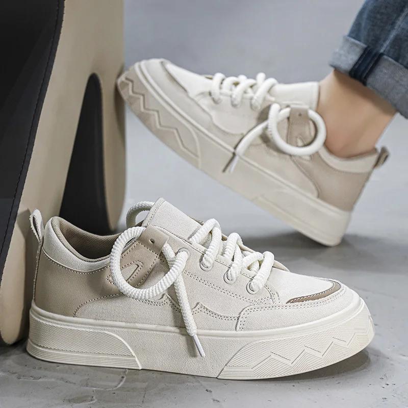 Male Canvas Shoes Patchwork Men's Sneakers Korean Style Comfortable Platform Shoes Men's Breathable Lace-Up Vulcanized Shoes