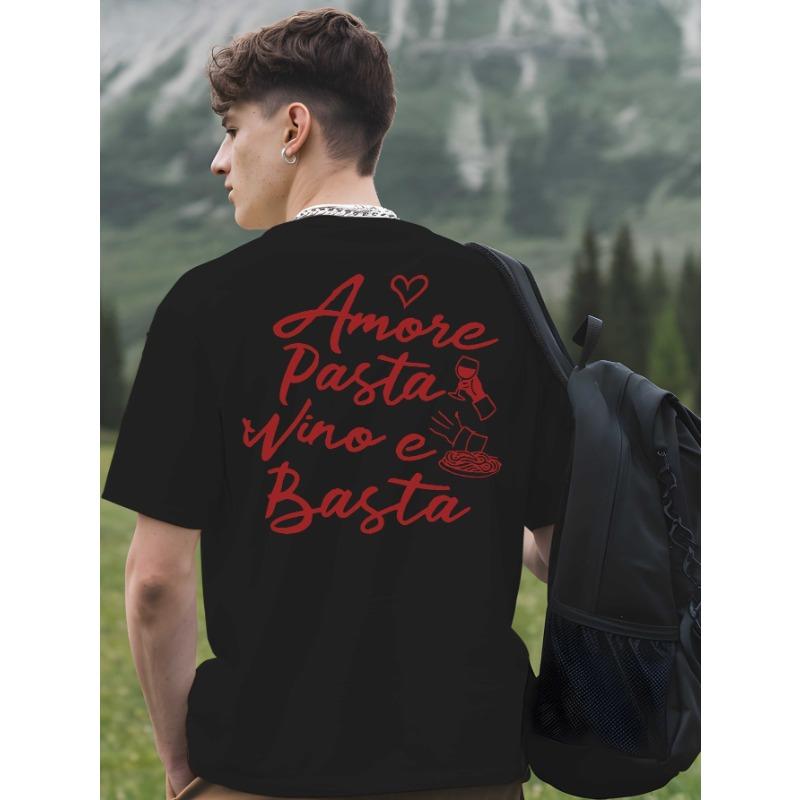 Europäische Größen Herren Grafik-T-Shirt mit Rückendruck Schwarz mit Rotem Italienisches Essen & Wein Design, Rundhals Kurzarm Lässiges T-Shirt