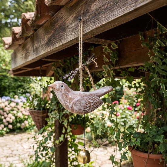 Rustic Wood Bird Wind Chime, Vintage Bird Sculpture Hanging Bell Pendant for Farmhouse, Patio, Garden, Balcony, Window Decor