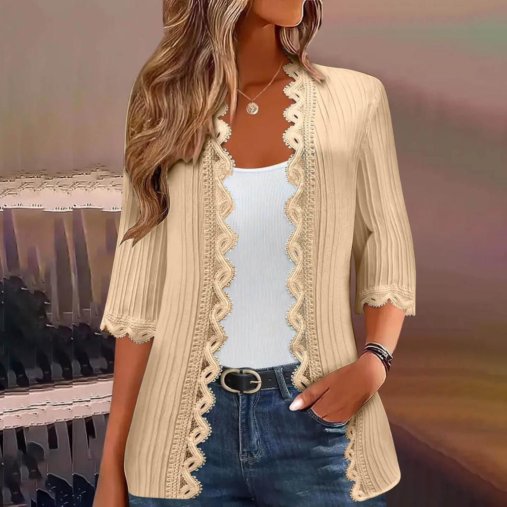 Women's Fashion Casual Seven Split Sleeve Solid Color Lace Cardigan Jacket