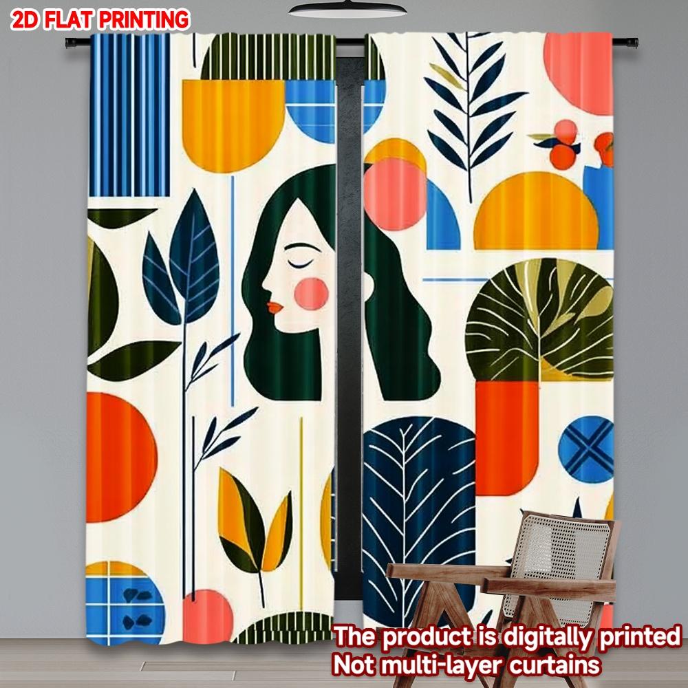 2D Flat Printing 2pcs Curtain Woman and Leaves Digital Printed Polyester Drapes Party Decorations Use for Holiday Party General