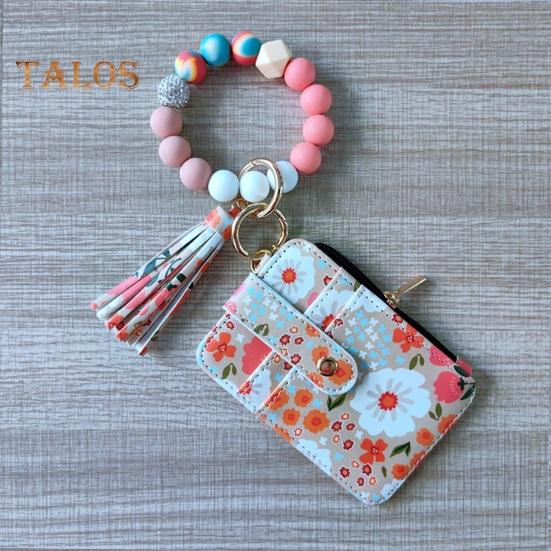 Ladies Floral Wristlet Wallet Boho Style Coin Purse Keychain with Tassel Elastic Beaded Wristlet Wallet with ID Card Window for Shopping Travel Daily