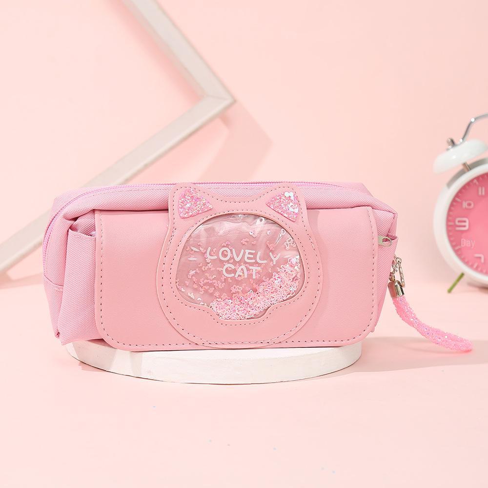 Quicksand Cat Canvas Pencil Case: Cute Korean-Style Three-Layer Stationery Bag for Female Students.