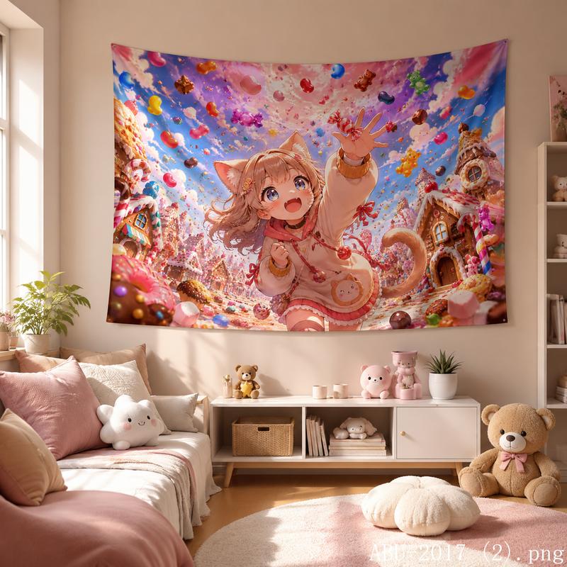 Cherry Blossom Kawaii Anime Girl Aesthetic Tapestry Soft Pastel Floral Wall Hanging Teen Dorm Bedroom Otaku Home Decor