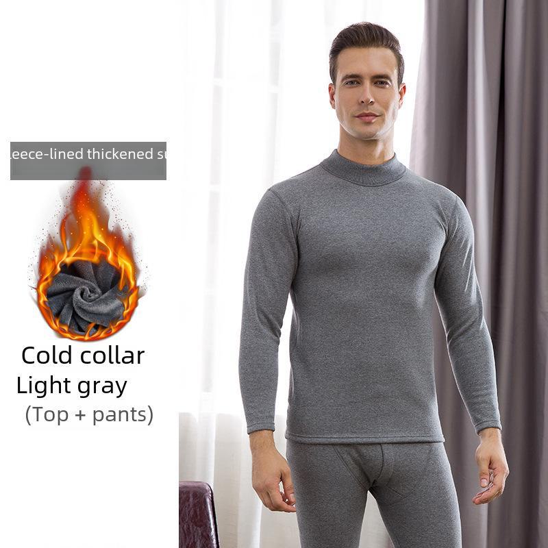 Men's Plus Velvet Thickened Thermal Underwear Set for Middle-aged and Elderly - High-collar Autumn Top and Pants