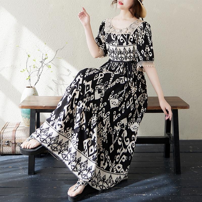 

DIMANAF 2025 New Summer Women Plus Size Vintage Printing Dress Loose Elegant Basic Casual Long Dress Maxi One Size чёрный