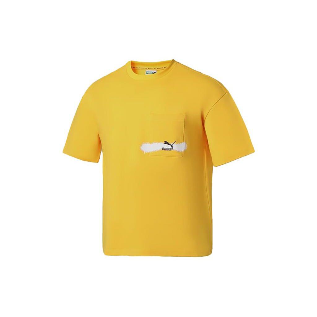 PUMA Letter Logo Print Loose Round Neck Short Sleeve T-Shirt Men Tops Yellow 536087-85