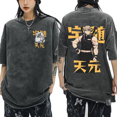 Washed Vintage Kimetsu No Yaiba Anime Demon Slayer TShirt Tengen Uzui Manga Graphic Tee Shirt Mens Casual Tshirts Oversized