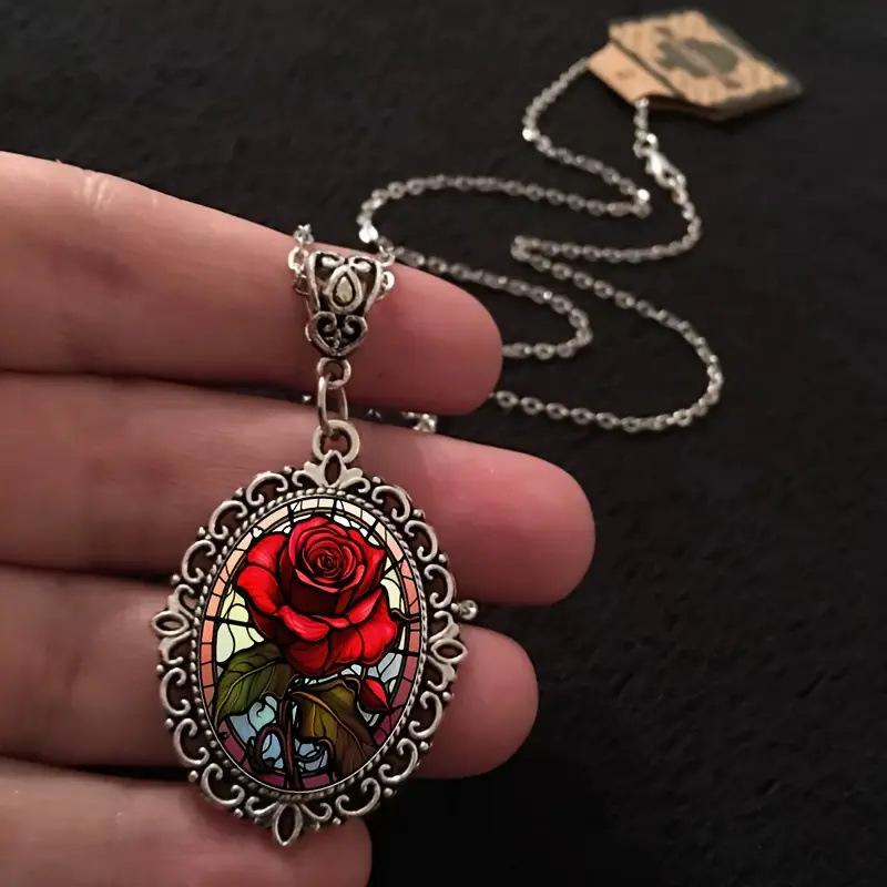 Fashionable and Exquisite Red Flower Pattern Oval Glass Pendant Necklace