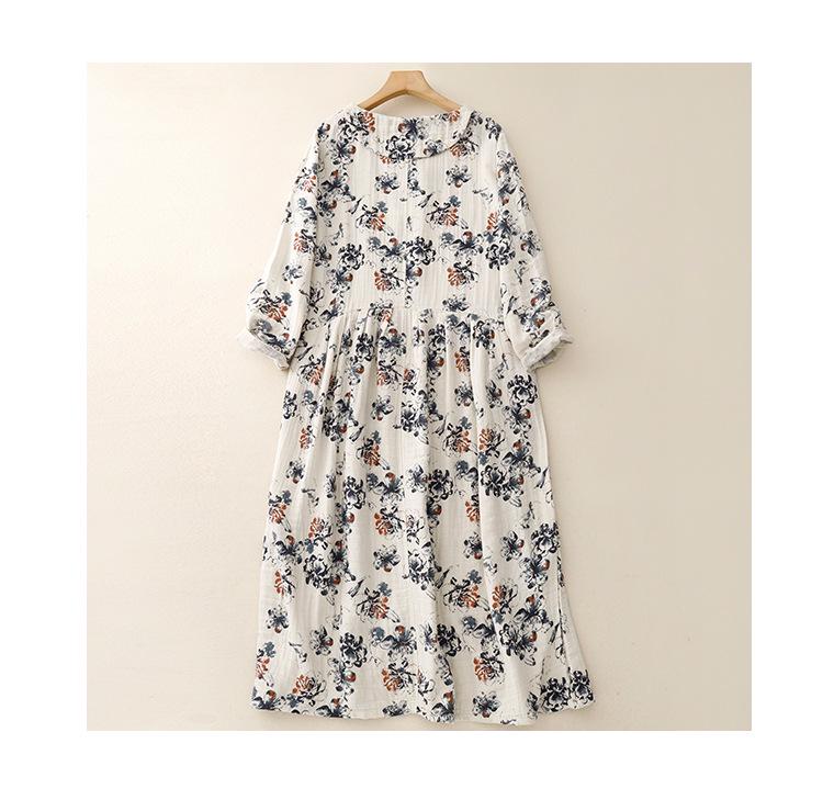 Xin Xing Cotton Linen Pastoral Print Dress: Soft, Gentle, Loose Fit for Spring and Autumn