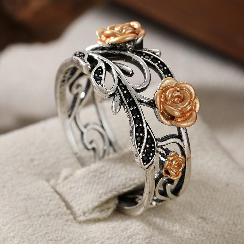 Vintage Inlaid Black Stone Flower Women's Ring Design Two Color Hand Carving Daily Wear Party Jewelry Anniversary Gift