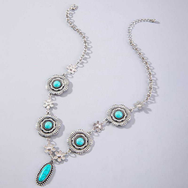 JMXD Bohemian Turquoise Flower Pendant Necklace for Women, Y2K Alloy Pearl Choker, Retro Adjustable Layered Chain, Dainty Minimalist Jewelry Gift Idea