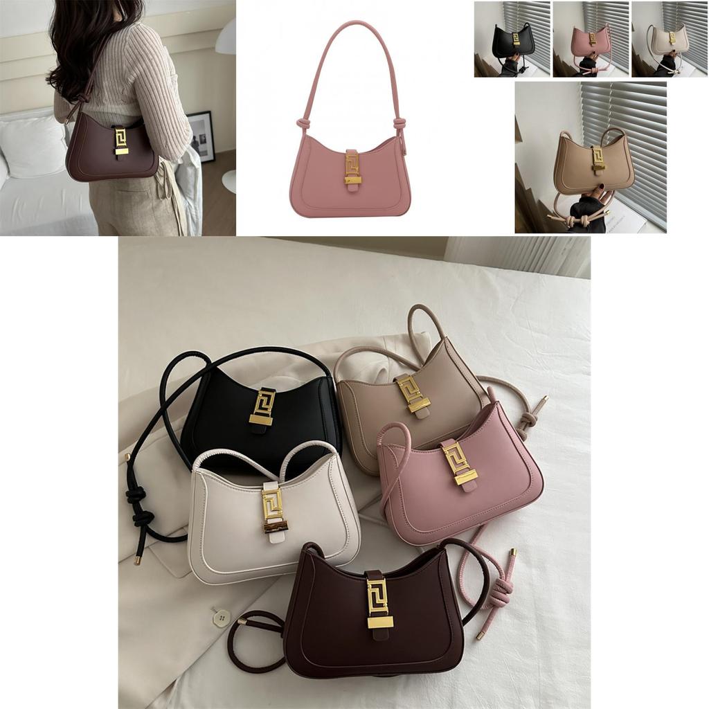 Stylish Large Capacity French Commuter Shoulder Bag With Lock Closure For Women In White Black Pink Khaki Brown