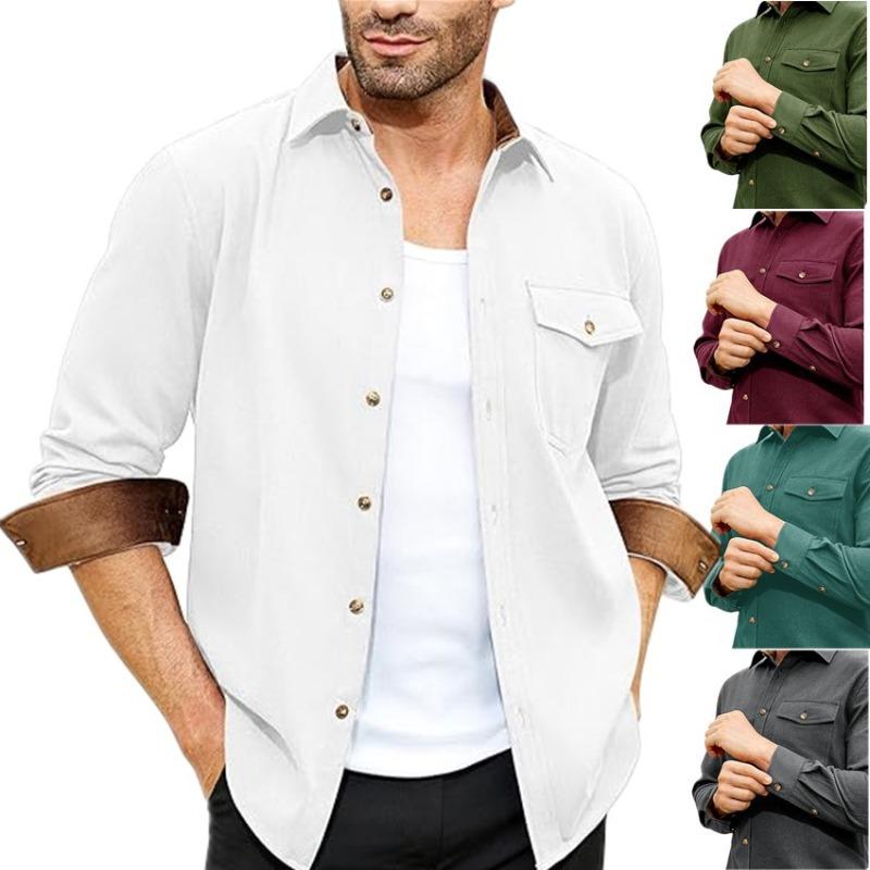 Eaby autumn and winter new long-sleeved plain collar daily vacation solid color men's shirt