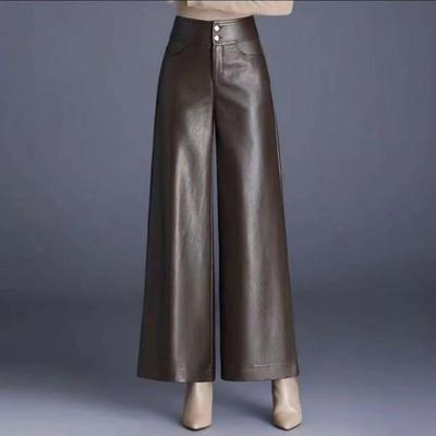 Women Autumn High Waist Faux Leather Wide Leg Pants